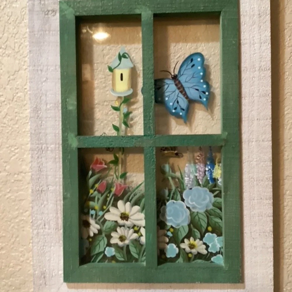 Charming Window Scene Shelf Wall Decor Butterfly Birdhouse‎ Flowers Garden Art